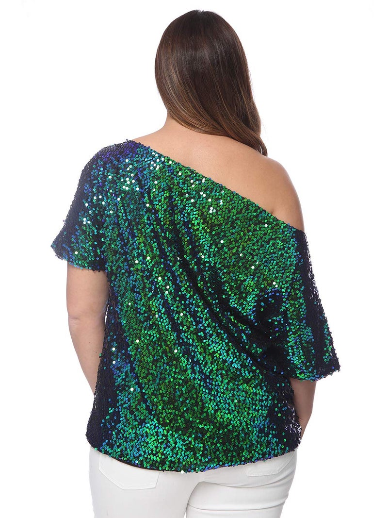 Anna-Kaci Women's Plus Size Sequin Sexy One Shoulder Short Sleeve Party Club Top, Mermaid, 2X-Large - Image 2